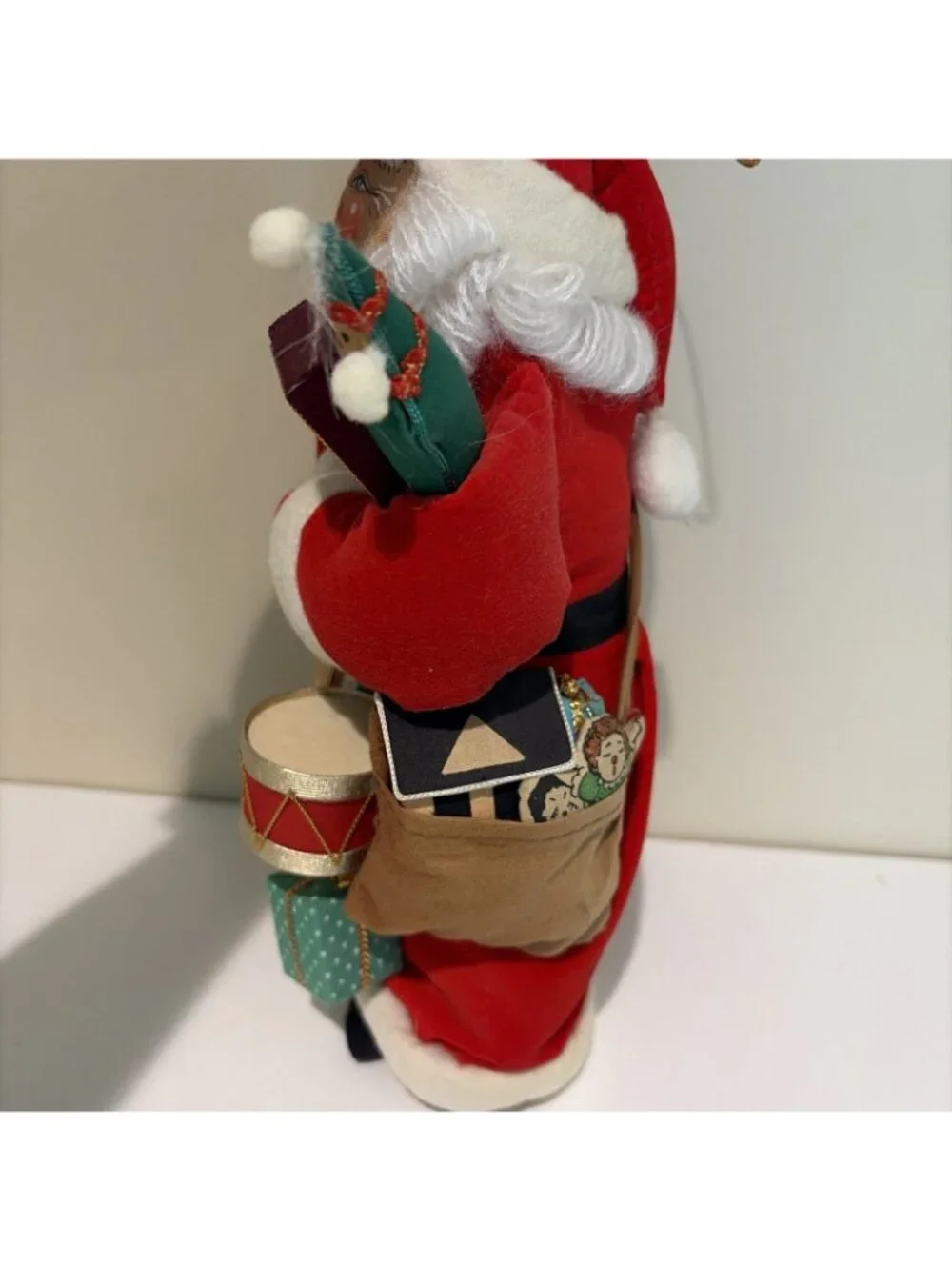 International Christmas Santa Claus Figure Holding Toys Painted Face Hanging 90s